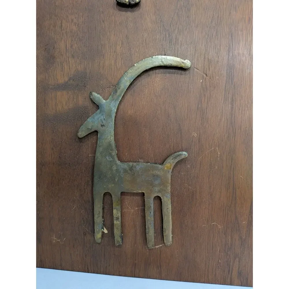 Vintage Brutalist Revival Brass Wood Wall Plaque Primitive Ibex Gazelle Bull